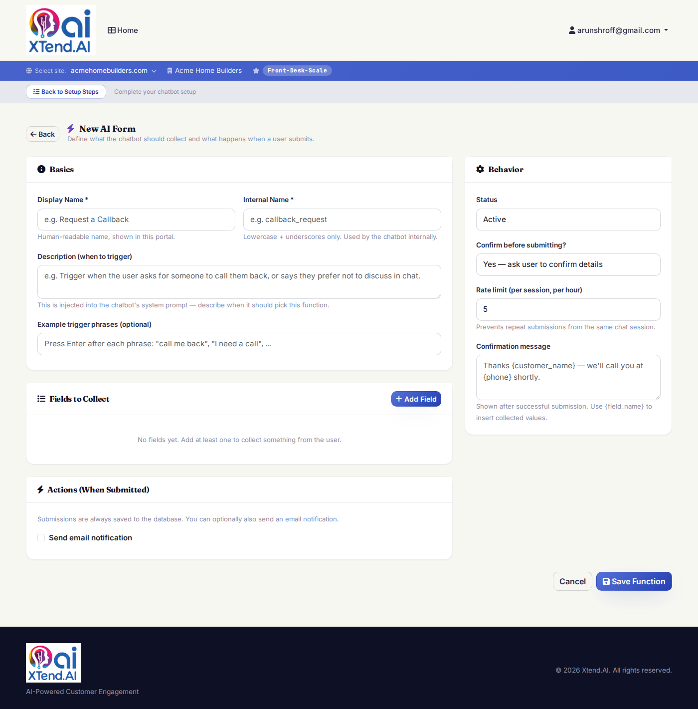 AI Forms designer in the XtendBot portal — define fields, validation, and notifications visually.